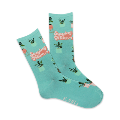 mint green crew socks with pink potted houseplants and the words "staying alive" in coral.  