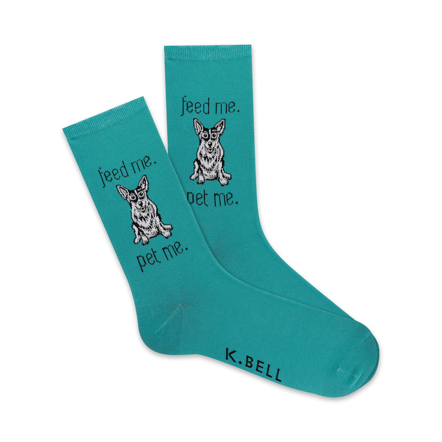 Teal crew socks with a black and white corgi graphic and the phrases 'Feed me' and 'Pet me' repeated on each sock.