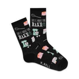black crew socks with 'life is what you bake it' lettering and baking utensil graphics. 