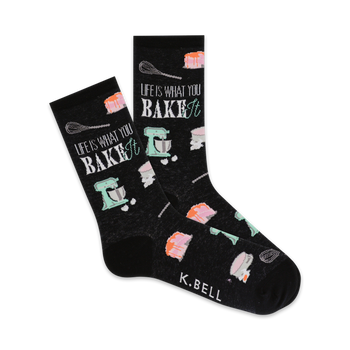 black crew socks with 'life is what you bake it' lettering and baking utensil graphics. 