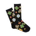A pair of black crew socks featuring a pattern of colorful jeweled brooches and flower shapes with gold accents.