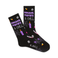 Black crew socks with a Halloween theme.  Purple text says 'Horror Movies & Chill'. Design includes skulls, spiders, candles, and candy corn.