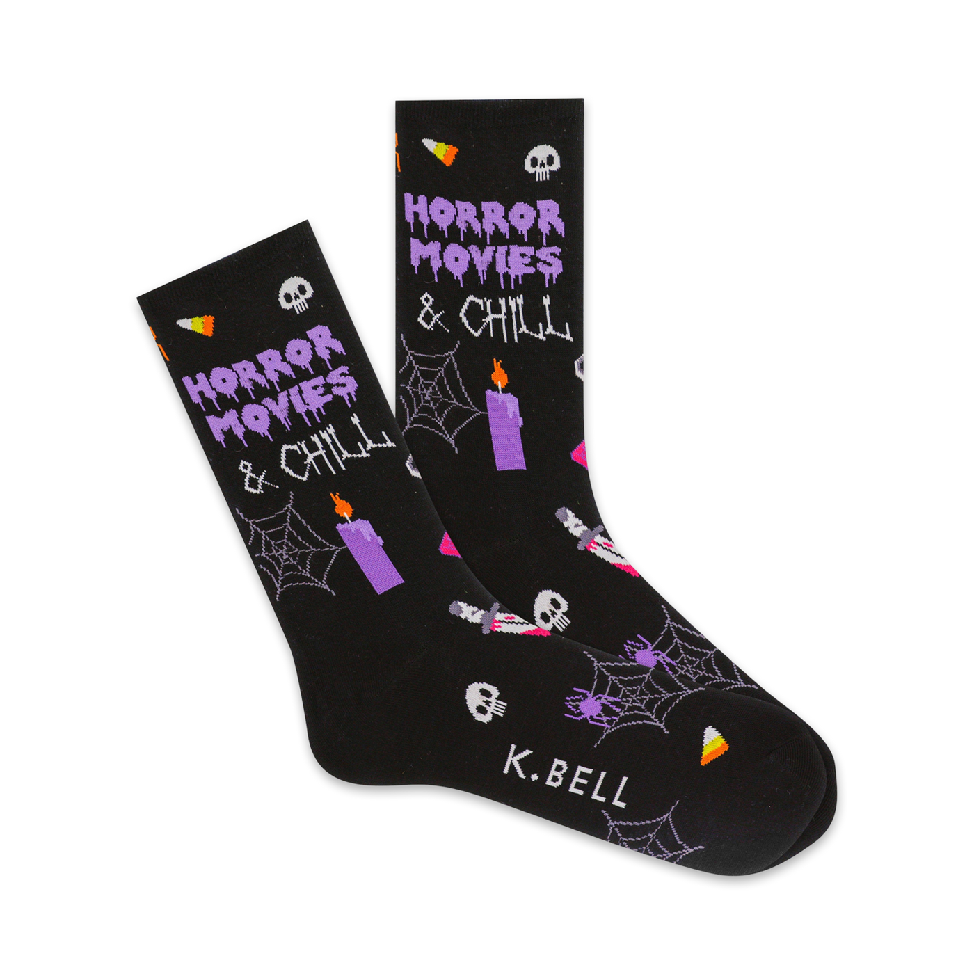 Black crew socks with a Halloween theme.  Purple text says 'Horror Movies & Chill'. Design includes skulls, spiders, candles, and candy corn.