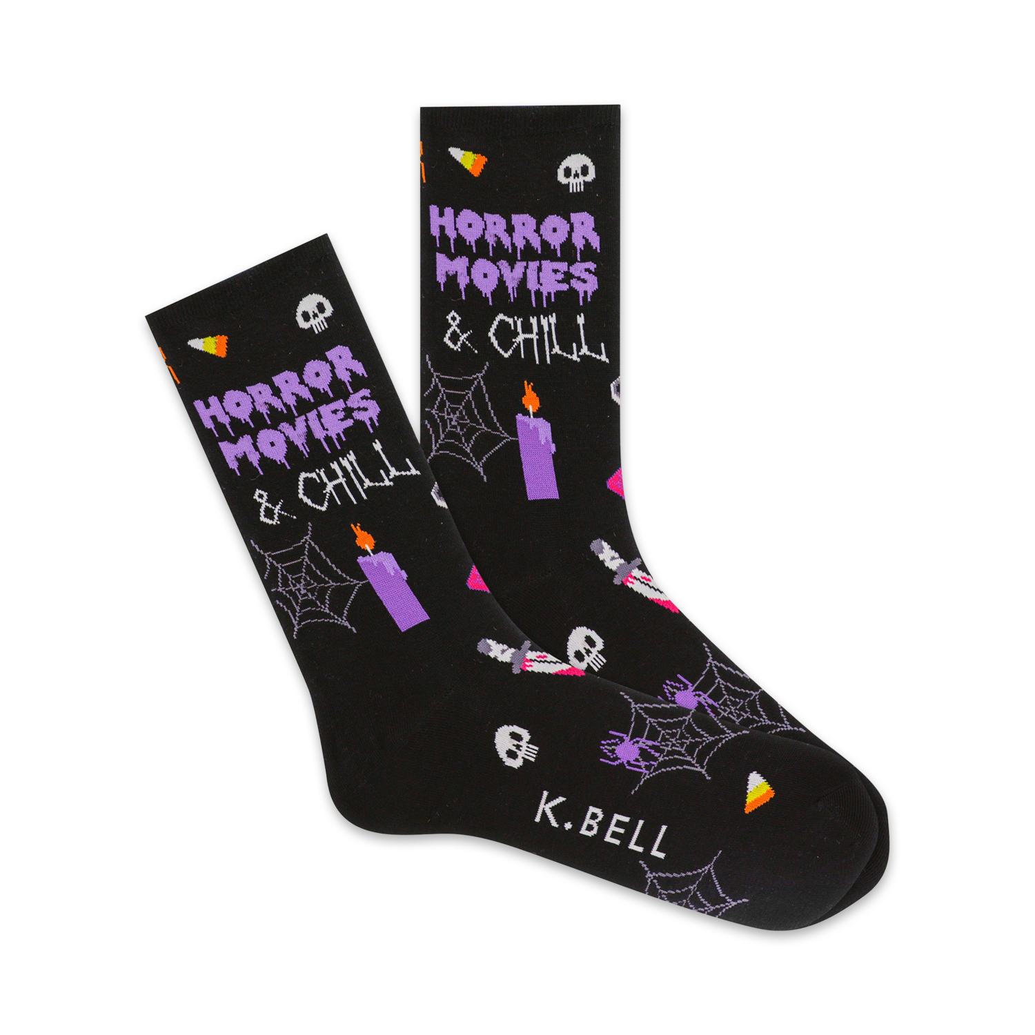 Black crew socks with a Halloween theme.  Purple text says 'Horror Movies & Chill'. Design includes skulls, spiders, candles, and candy corn.