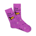 Purple crew socks with a Halloween theme.  Features dachshunds dressed as hot dogs and the text 'Happy Halloweenie'.