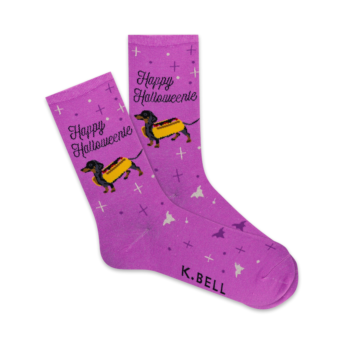 Purple crew socks with a Halloween theme.  Features dachshunds dressed as hot dogs and the text 'Happy Halloweenie'.