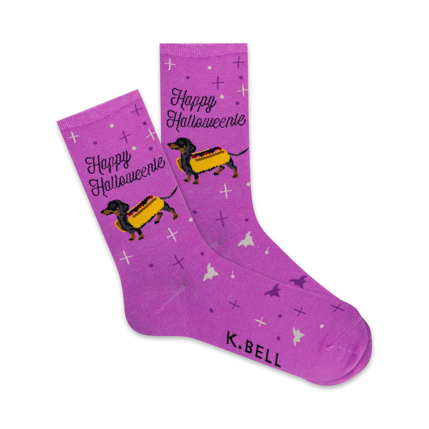 Purple crew socks with a Halloween theme.  Features dachshunds dressed as hot dogs and the text 'Happy Halloweenie'.