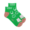Pair of lime green ankle socks.  Features a tennis-themed pattern with white tennis rackets and balls. Pinkish-peach heel and toe.
