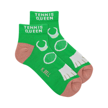 Pair of lime green ankle socks.  Features a tennis-themed pattern with white tennis rackets and balls. Pinkish-peach heel and toe.