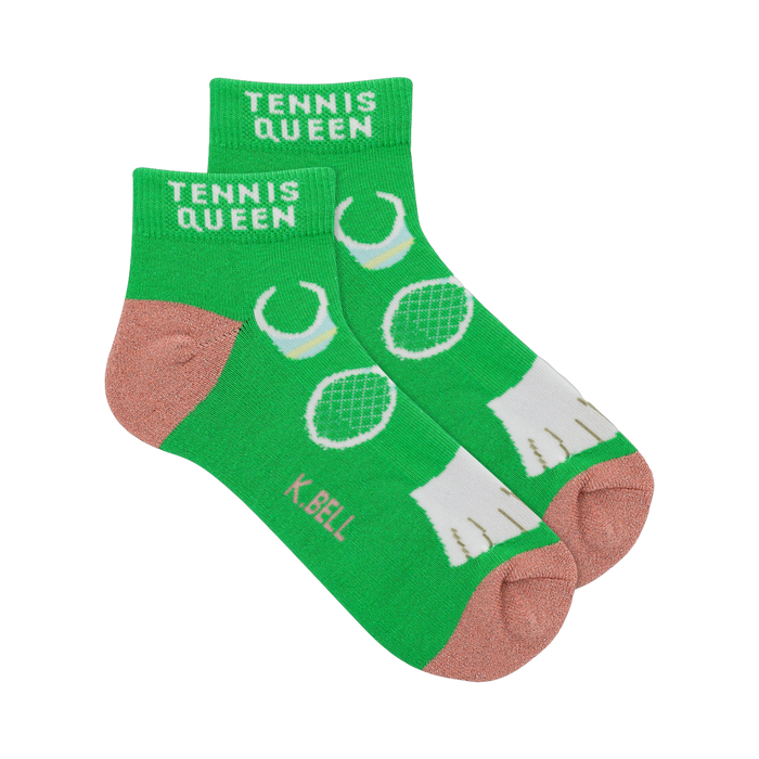 Pair of lime green ankle socks.  Features a tennis-themed pattern with white tennis rackets and balls. Pinkish-peach heel and toe. }}