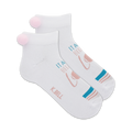 Pair of white ankle socks with pink tennis ball design, teal stripes, and fluffy pink pom-poms. The text 'It all began with love' is also printed on the socks.
