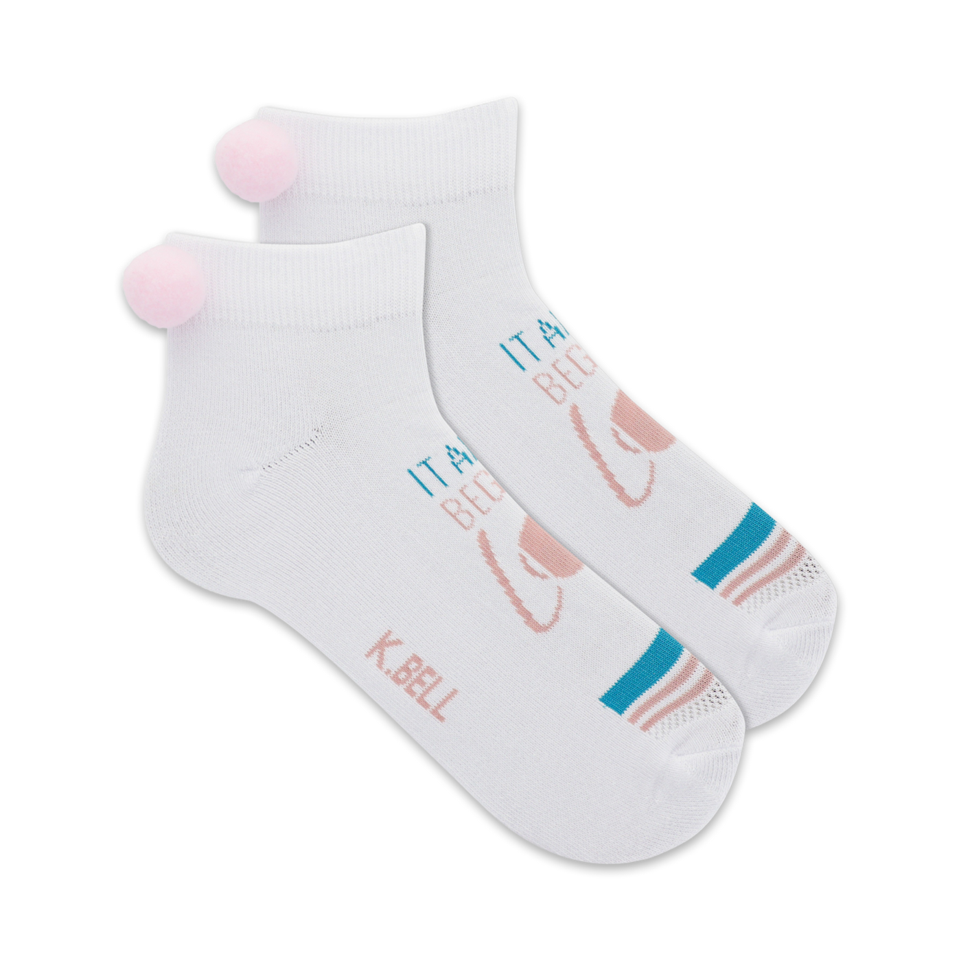 Pair of white ankle socks with pink tennis ball design, teal stripes, and fluffy pink pom-poms. The text 'It all began with love' is also printed on the socks.
