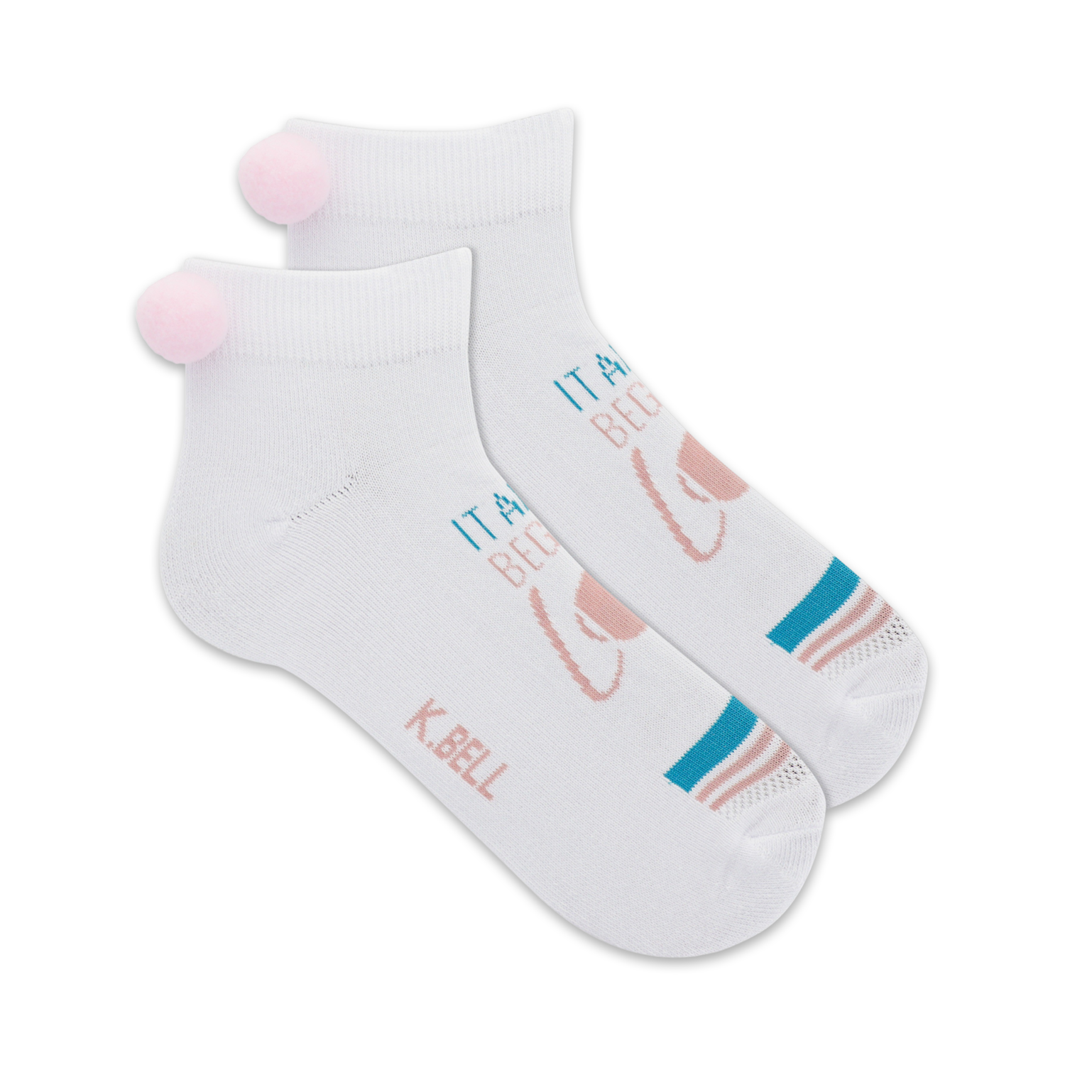 Pair of white ankle socks with pink tennis ball design, teal stripes, and fluffy pink pom-poms. The text 'It all began with love' is also printed on the socks.