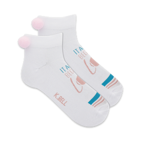 women's tennis love novelty socks: white with blue and pink striped cuff, knit-in "love", pink pom poms, ankle length.   