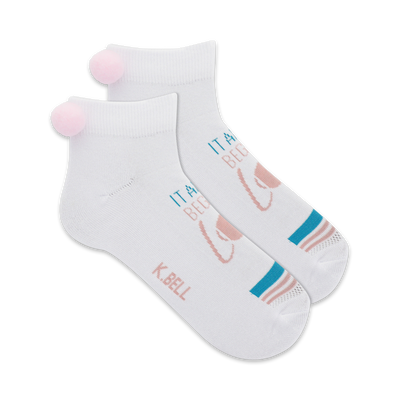 women's tennis love novelty socks: white with blue and pink striped cuff, knit-in "love", pink pom poms, ankle length.   