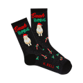 Pair of crew socks, dark gray-black, featuring a sheep in a Santa hat, 'Baah Humbug' text, candy canes, and holly sprigs.