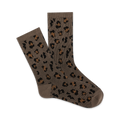 Pair of taupe crew socks with a brown leopard print jacquard pattern. Soft and cozy.
