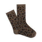 Pair of taupe crew socks with a brown leopard print jacquard pattern. Soft and cozy.