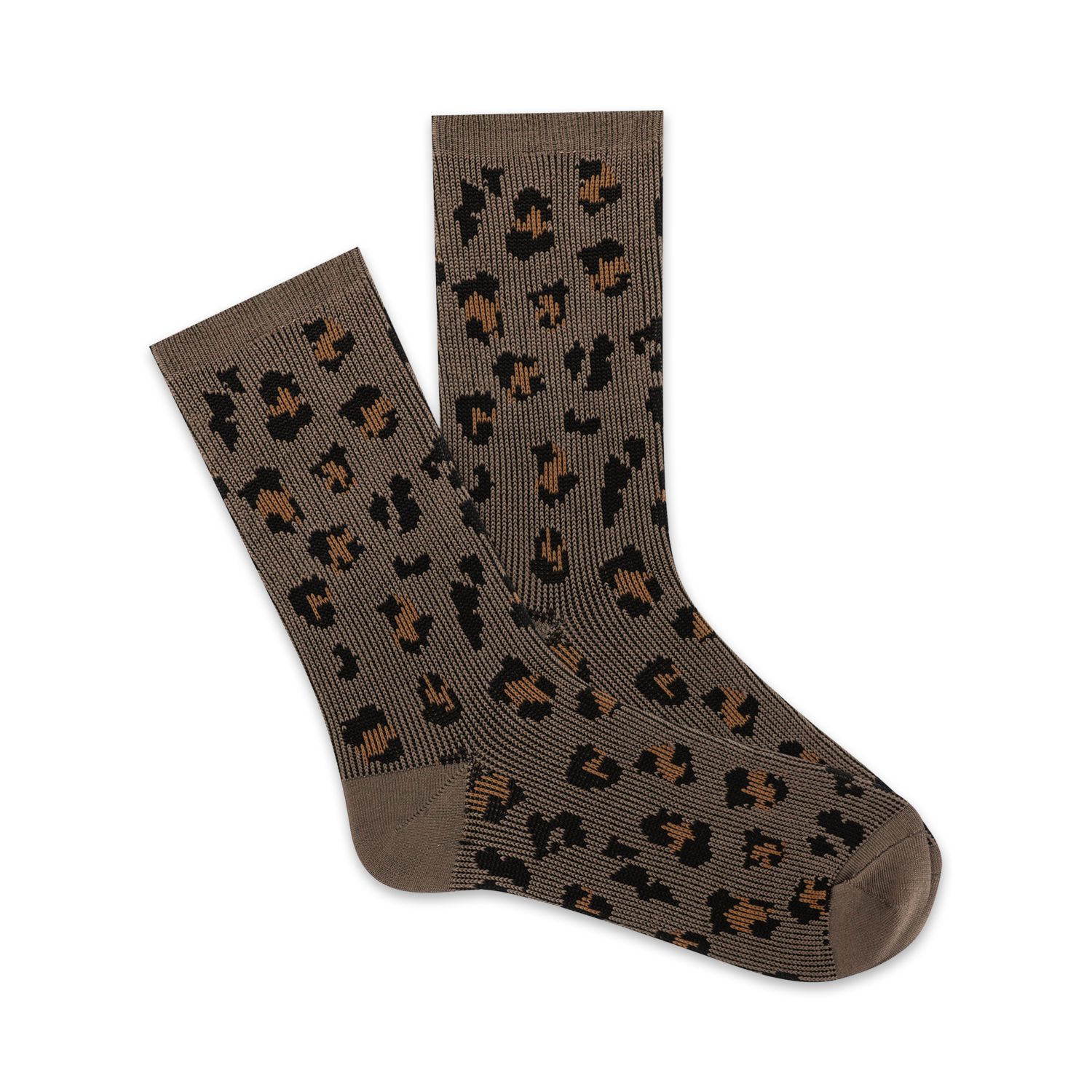 Pair of taupe crew socks with a brown leopard print jacquard pattern. Soft and cozy.