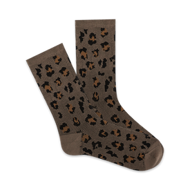 brown sock with black and brown leopard print pattern, crew style, women's   