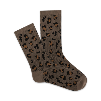 brown sock with black and brown leopard print pattern, crew style, women's   