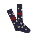 A pair of navy blue crew socks with a pattern of sheep wearing various holiday outfits. The text 'BAAH HUMBUG' is also featured in red.