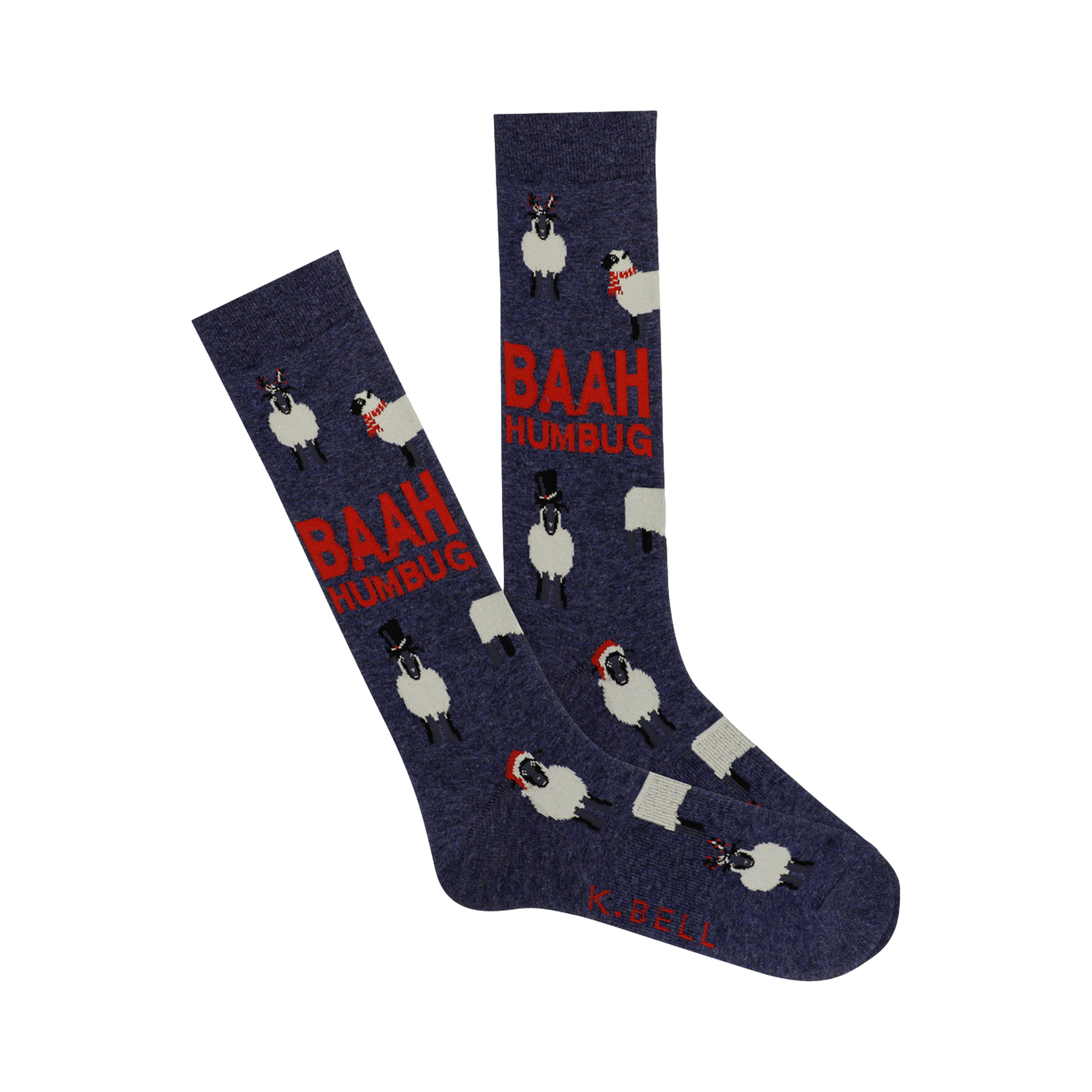 A pair of navy blue crew socks with a pattern of sheep wearing various holiday outfits. The text 'BAAH HUMBUG' is also featured in red.