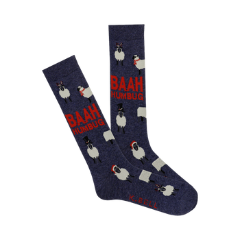 A pair of navy blue crew socks with a pattern of sheep wearing various holiday outfits. The text 'BAAH HUMBUG' is also featured in red.