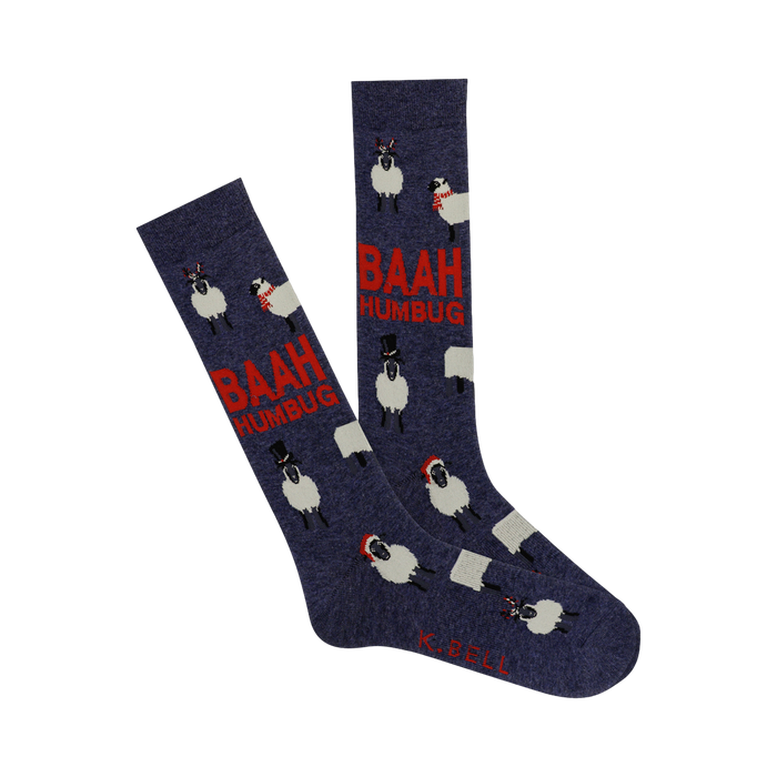 A pair of navy blue crew socks with a pattern of sheep wearing various holiday outfits. The text 'BAAH HUMBUG' is also featured in red. }}