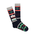 Pair of navy blue crew socks with a fair isle pattern in red and green, featuring a 'In Case of Emergency' flask graphic.