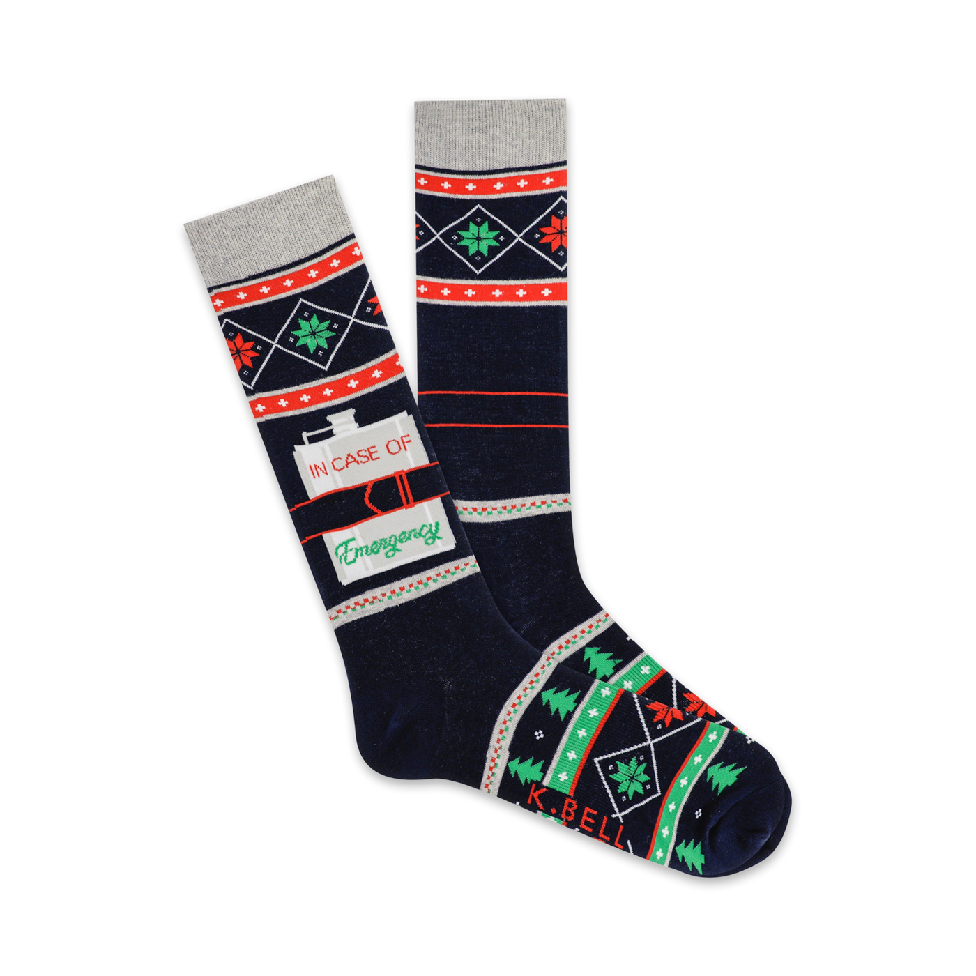 Pair of navy blue crew socks with a fair isle pattern in red and green, featuring a 'In Case of Emergency' flask graphic.