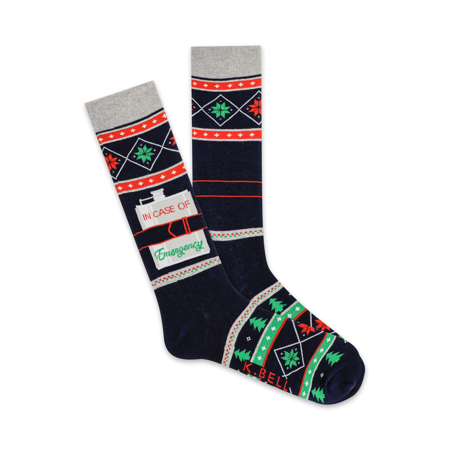 Pair of navy blue crew socks with a fair isle pattern in red and green, featuring a 'In Case of Emergency' flask graphic.
