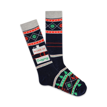 mens dark blue crew socks feature in case of emergency message on a flask, red and green snowflakes, and pine trees.