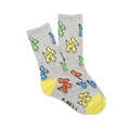 Pair of gray crew socks with colorful balloon dog pattern in yellow, blue, green, red. Bright yellow heel and toe sections visible.