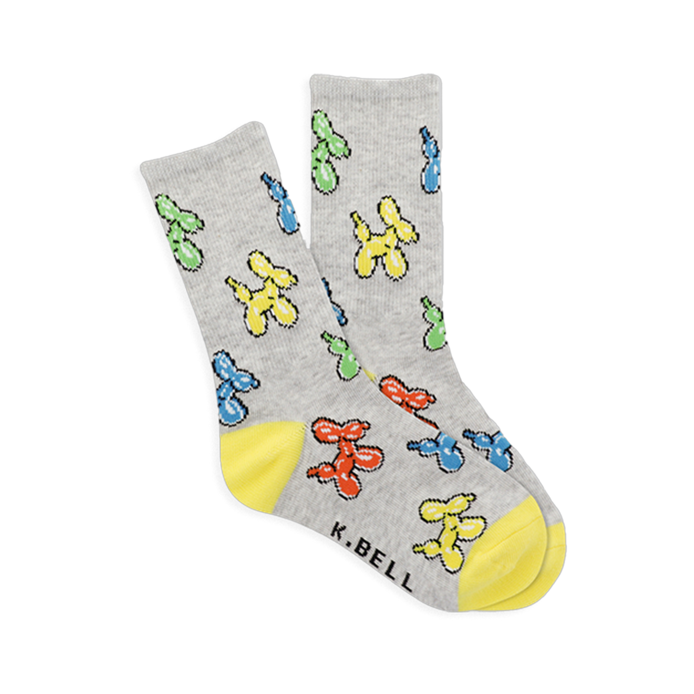 Pair of gray crew socks with colorful balloon dog pattern in yellow, blue, green, red. Bright yellow heel and toe sections visible.