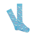 A pair of light blue crew socks with a pattern of pink and white surfboards on a wavy background. The socks are folded to show both sides of the design.