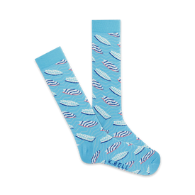 light blue socks featuring a pattern of pink and blue surfboards, good for men with a crew length.  