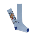 A pair of light blue crew socks with a graphic design of an orange tiger and the text 'Wild & Free'.