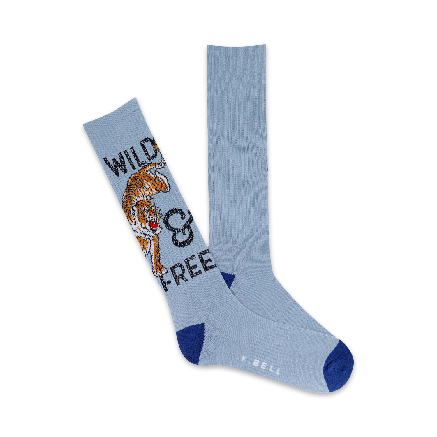 A pair of light blue crew socks with a graphic design of an orange tiger and the text 'Wild & Free'.