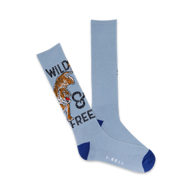 light blue socks with dark blue toe, heel, and top. orange, black, and white tiger on front with 'wild & free' above and below it. mens crew length.    