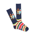 A pair of crew socks in navy blue with colorful stripes. The socks feature a graphic of a bear wearing a hat and sunglasses, holding a surfboard.