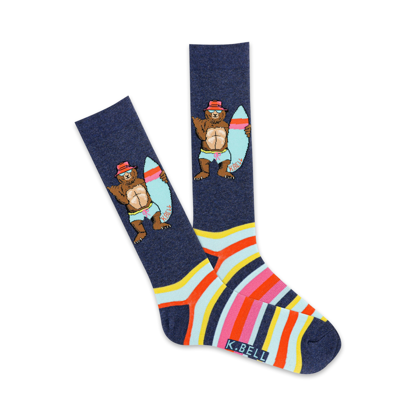 A pair of crew socks in navy blue with colorful stripes. The socks feature a graphic of a bear wearing a hat and sunglasses, holding a surfboard.