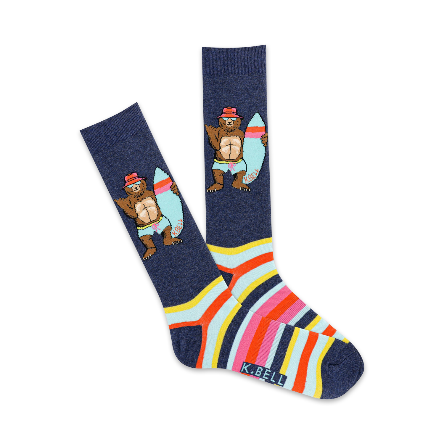A pair of crew socks in navy blue with colorful stripes. The socks feature a graphic of a bear wearing a hat and sunglasses, holding a surfboard.