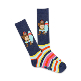 mens blue crew socks with cartoon bears in red hats, swim trunks, surfboards, and horizontal rainbow stripes.  