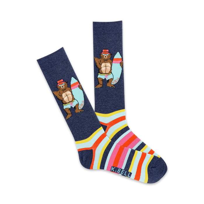 mens blue crew socks with cartoon bears in red hats, swim trunks, surfboards, and horizontal rainbow stripes.   }}