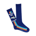 A pair of blue crew socks with orange, teal, and white stripes, and a graphic of a dog skateboarding. Text reads 'Skate On Dawg'.