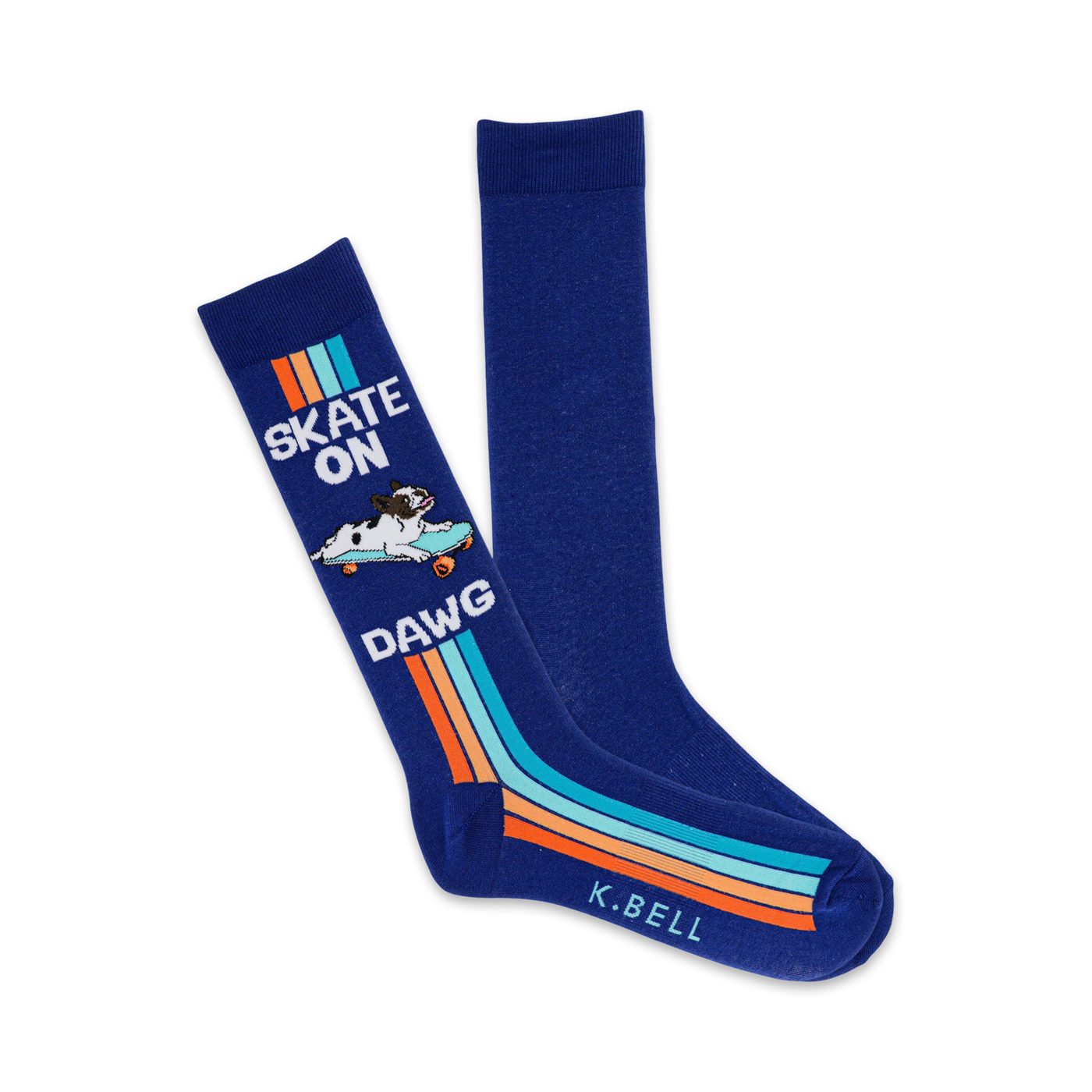 A pair of blue crew socks with orange, teal, and white stripes, and a graphic of a dog skateboarding. Text reads 'Skate On Dawg'.
