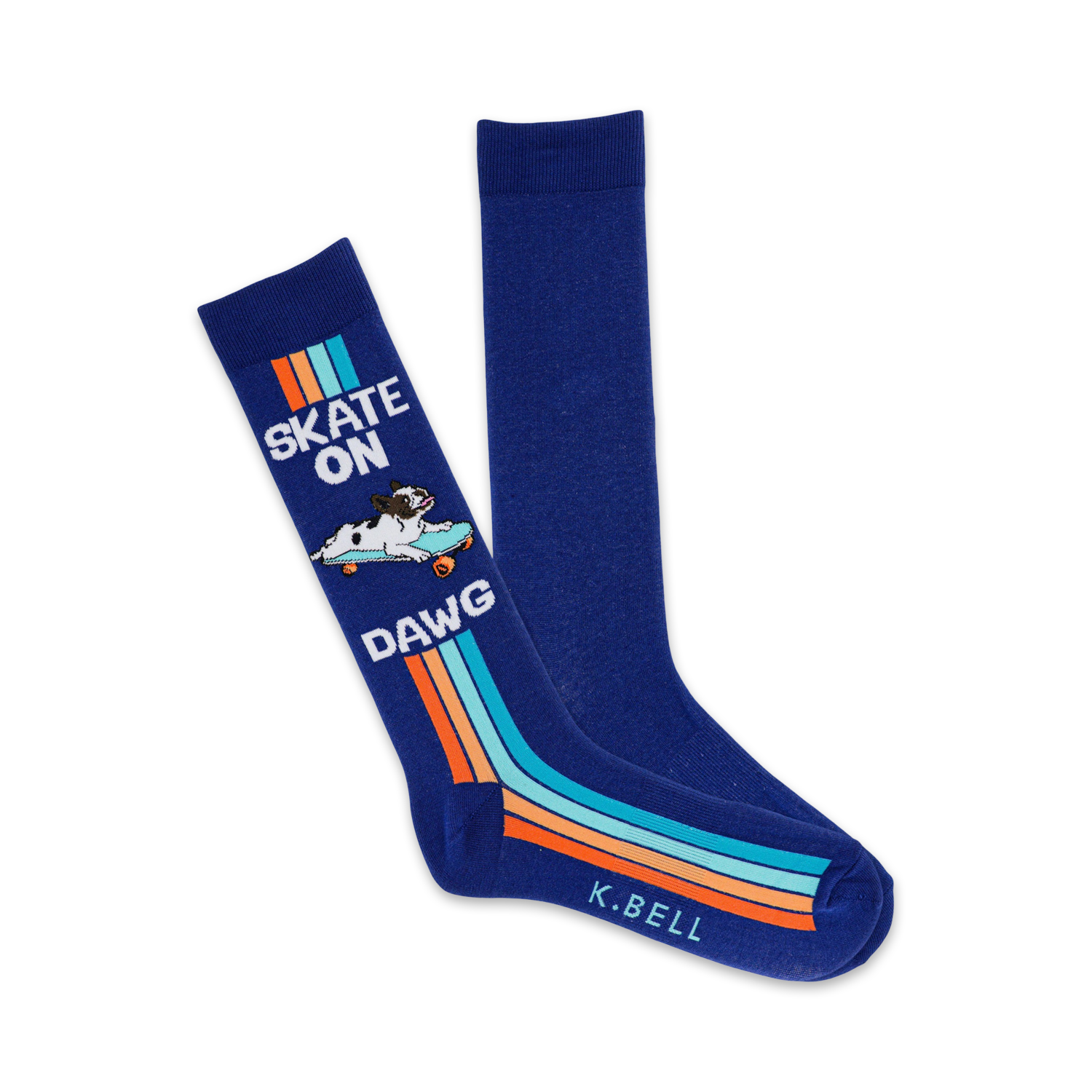 A pair of blue crew socks with orange, teal, and white stripes, and a graphic of a dog skateboarding. Text reads 'Skate On Dawg'.
