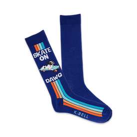 blue crew socks featuring skateboarding dog with 'skate on dawg' text.  