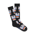 Pair of black crew socks with a repeating pattern of vintage cameras and photos in red, blue, and white. The brand name K.BELL is on the sole.